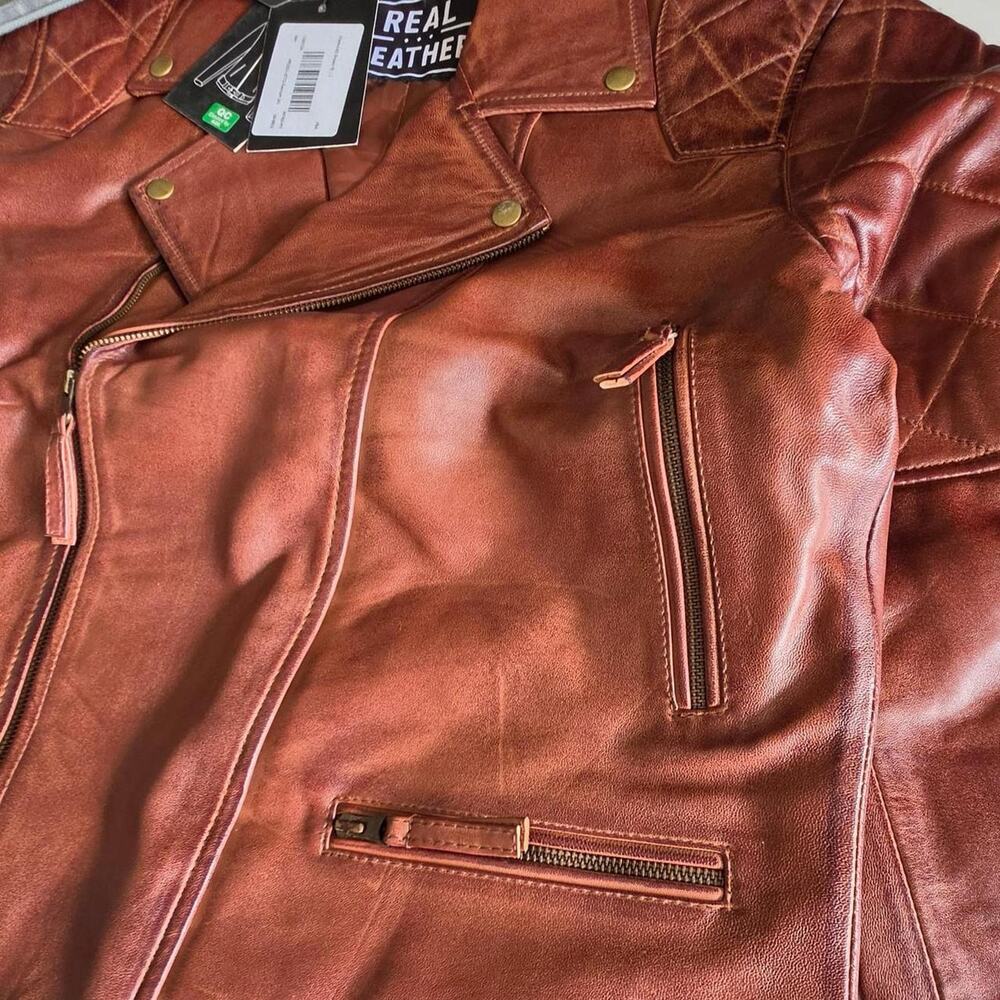 Real leather brown biker moto - Picture 5 of 8
